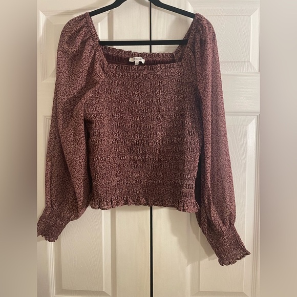 Madewell Floral Smocked cottage milkmaid Purple +white floral print top large - Picture 2 of 9